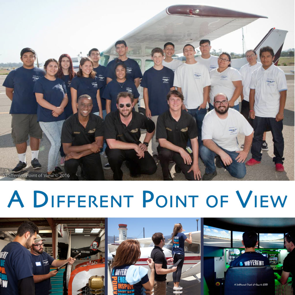 Aviation 101 & Leadership Program students from La Cuesta Continuation High School group photo in front of plane and other images taken while at the airport.