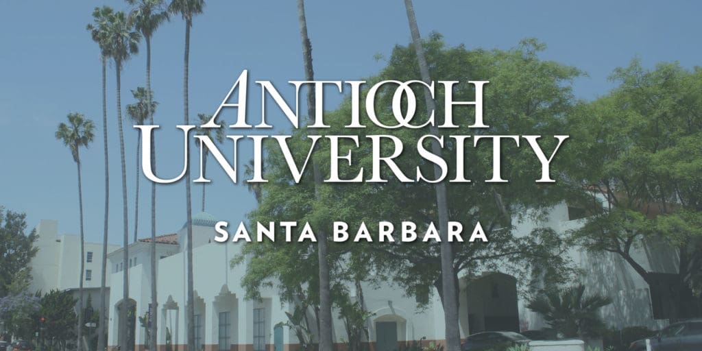 Antioch University Santa Barbara logo with campus behind words
