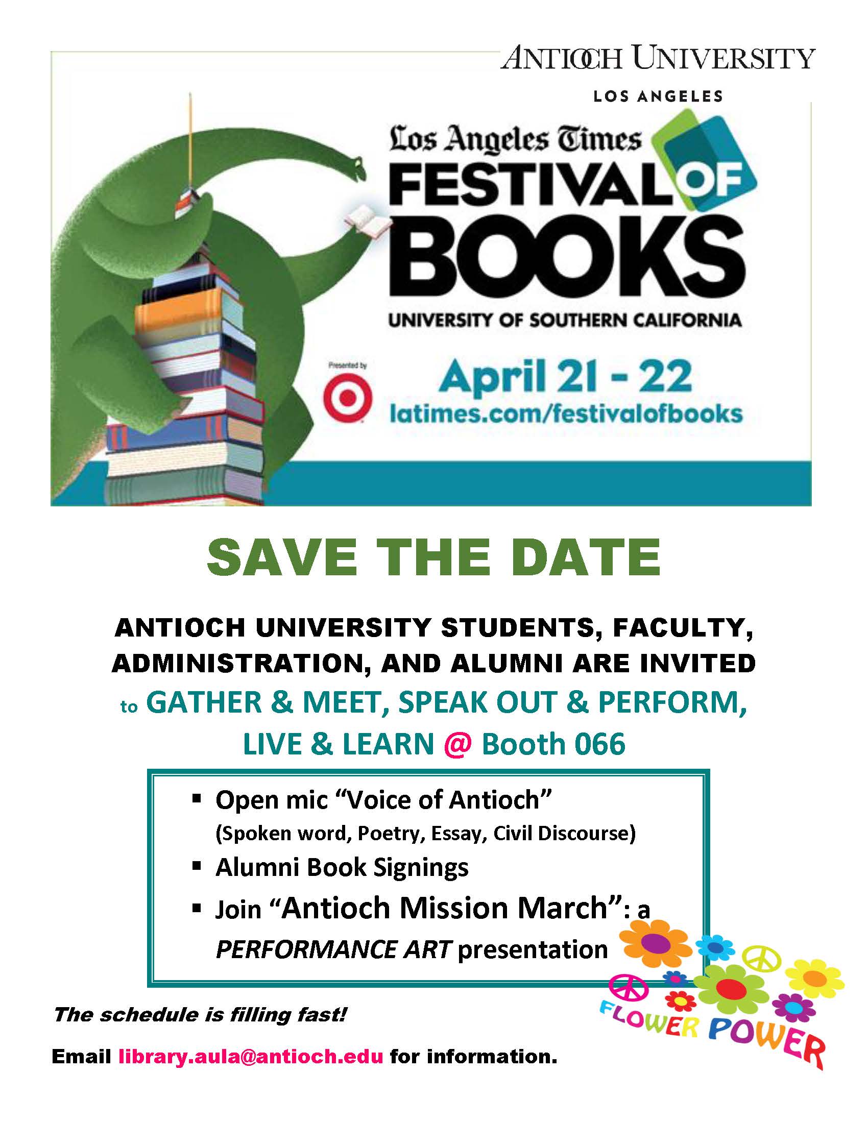 LA Times Festival of Books flier with dinosaur climbing stack of books