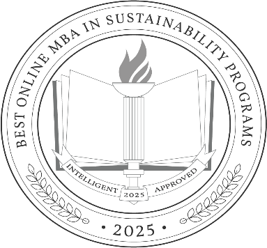 mba seal | Antioch University Silver award seal featuring an open book and torch at the center, surrounded by the text “Best Online MBA in Sustainability Programs.” A ribbon across the book reads “Intelligent Approved,” with “2025” displayed below. Laurel branches frame the lower sides of the circular badge, and “2025” appears again at the bottom.