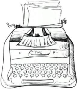 A stylized drawing of a typewriter with several pages sticking out that the letters "VWC" in the typing window