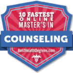 A blue and red shield with the text "10 Fastest Online Master's in Counseling" provided by besthealthdegrees.com