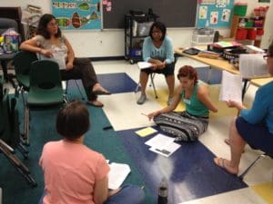 Class gathered around in discussion