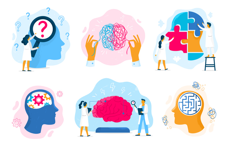 Mental health therapy. Emotional state, mentality healthcare and medical therapies prevention mental problem vector illustration set › Antioch University Mental health therapy. Emotional state, mentality healthcare and medical therapies prevention mental problem. Psychological therapy, mental illness or mind care. Vector illustration isolated signs set