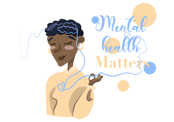 Cartoon worlds mental health matters woman isolated › Antioch University Cartoon worlds mental health matters woman isolated without background