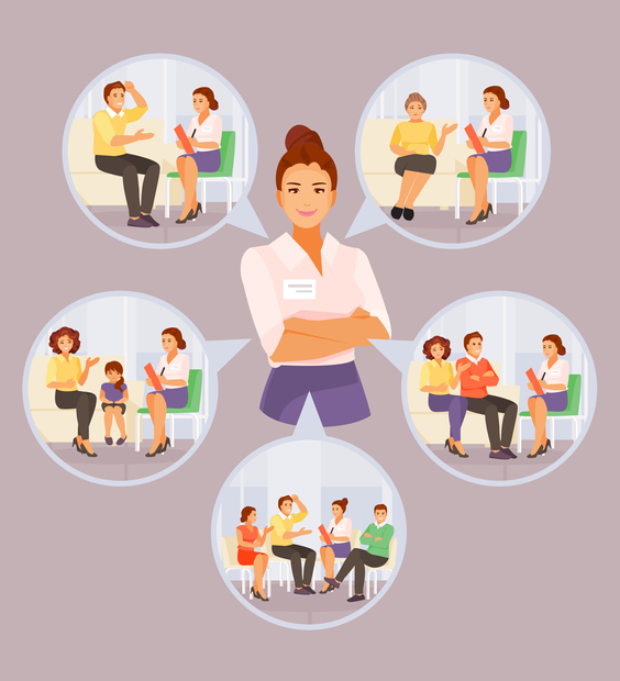 Various specializations of the psychologist. Individual and group counseling, child psychology, gerontopsychology, family therapy. Vector illustration