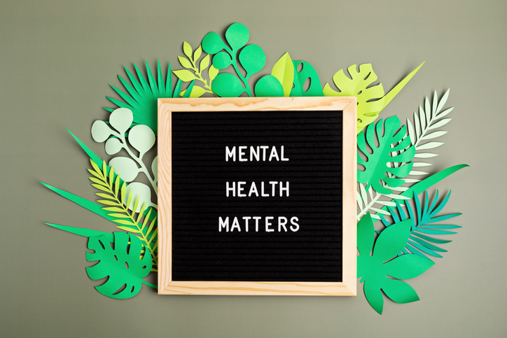 Mental health matters motivational quote on the letter board. Inspiration psychological text › Antioch University Mental health matters motivational quote on the letter board. Inspiration psychological text with paper cut leaves. Flat lay, top view