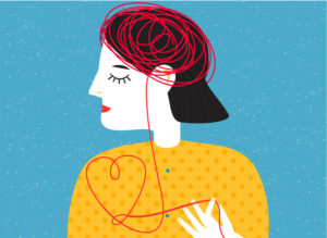 Person with red tangled thread leading from head to heart. Mental health concept. Abstract vector illustration for people mood and states of mind