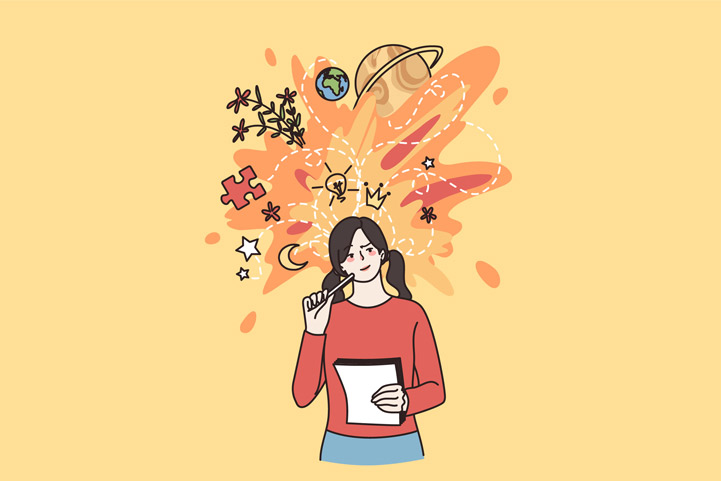 Person thinking of what to write with illustration of ideas above her head.