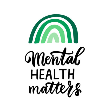 Mental Health Matters in script with a green rainbow above the lettering.