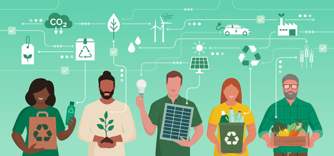 Illustration in green of people with various tools to protect and support the environment.