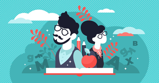 illustration in blue, red, and white of a male and female teacher with a book and apple.