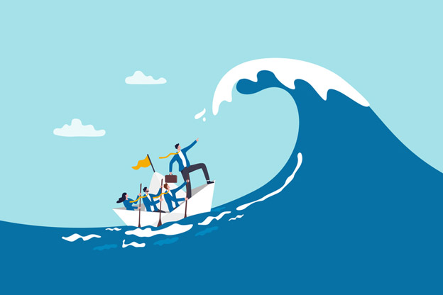 Illustration of boat with 3 rowers and a leader facing a giant wave.