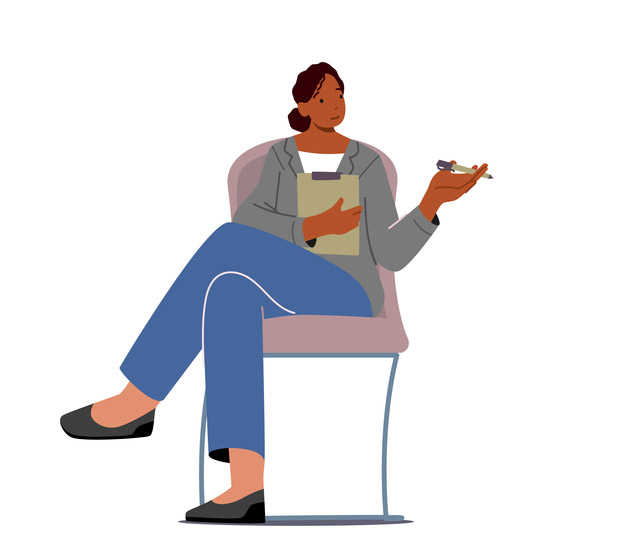 Illustration of person sitting in a chair with a clipboard and pen.