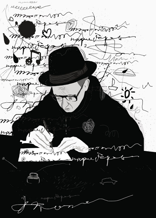 Black and white drawing of man writing on paper.