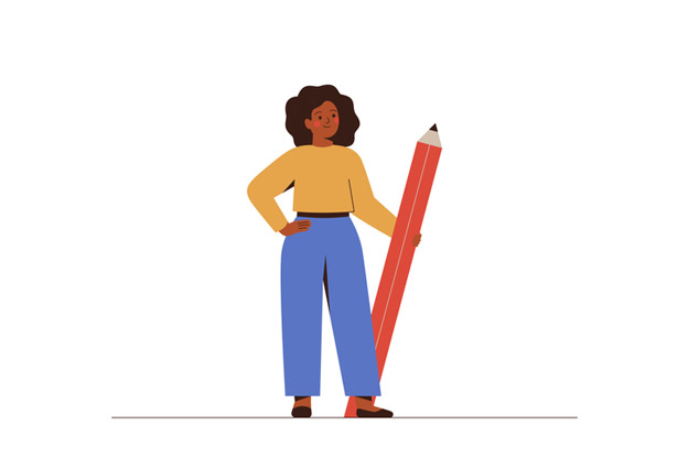 Illustration of person in blue pant and yellow shirt holding a pencil that is the same height of the person.