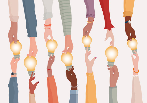 Illustration of hands trading lightbulbs as symbol for ideas.