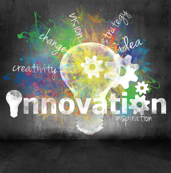 The word innovation with a lightbulb as the I. Behind the word innovation there is another lightbulb with the words- creativity, change, vision, strategy, idea, and inspiration.