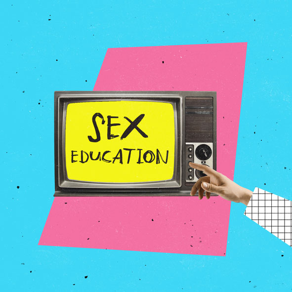 1980's style tv that says Sex Education on it in front of a blue and pink background