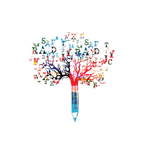 Multi-colored pencil with letters sprouting like leaves on a tree.