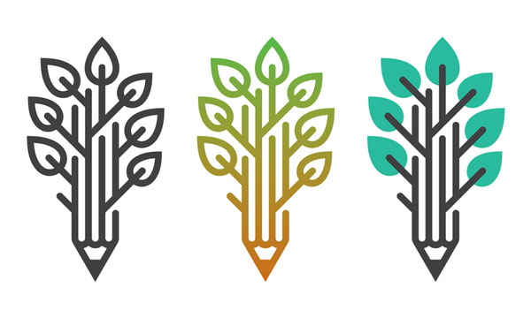 Three line drawings of pencils with the line of the pencils growing into leaves.