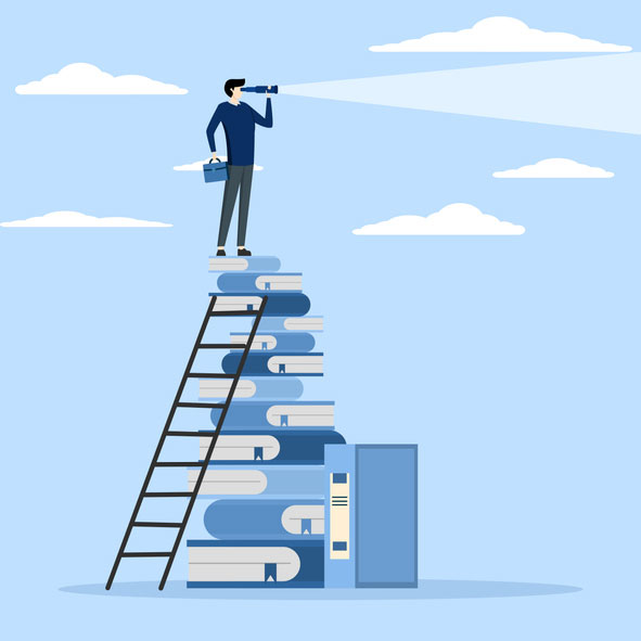 Illustration in shades of blue. A person at the top of pile of books with a ladder looking into the distance with a spyglass.