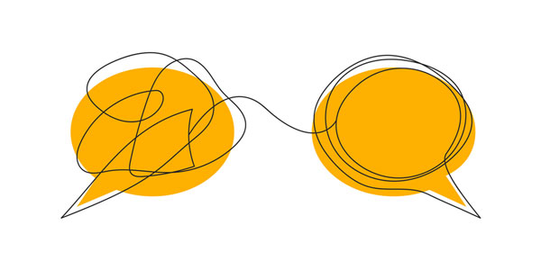 Two yellow thought bubbles connected by a black line. One side is all jumbled and the other side is winding like a circle. Meant to symbolize therapy helping people make sense of things.