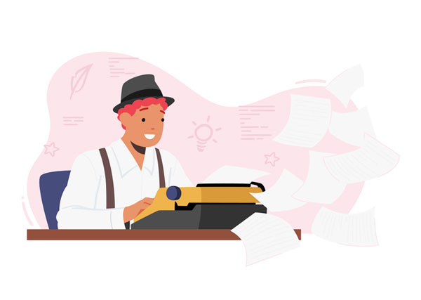 Illustration of a person in a hat typing an essay.