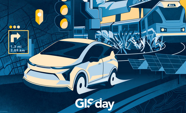 Illustration of a white car, blue train in the background, with road signs. At the bottom it says GIS Day.