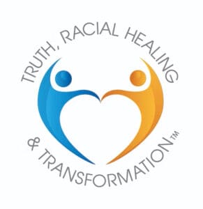 TRHT-Logo-TM-Color-with-padding › Antioch University Logo for truth, racial healing, and transformation. Features a circle with intertwined hands, symbolizing unity and progress.