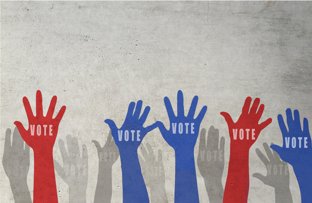 Hands in red, blue, and grey, with the word vote on the palm.