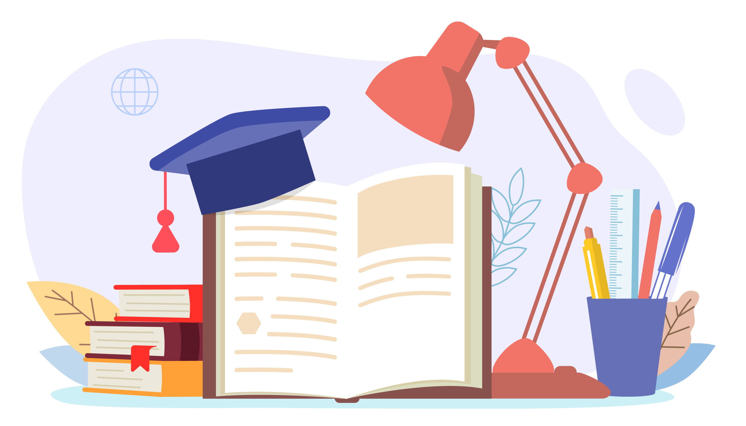 An open book with a graduation cap and various academic items, symbolizing education and achievement.