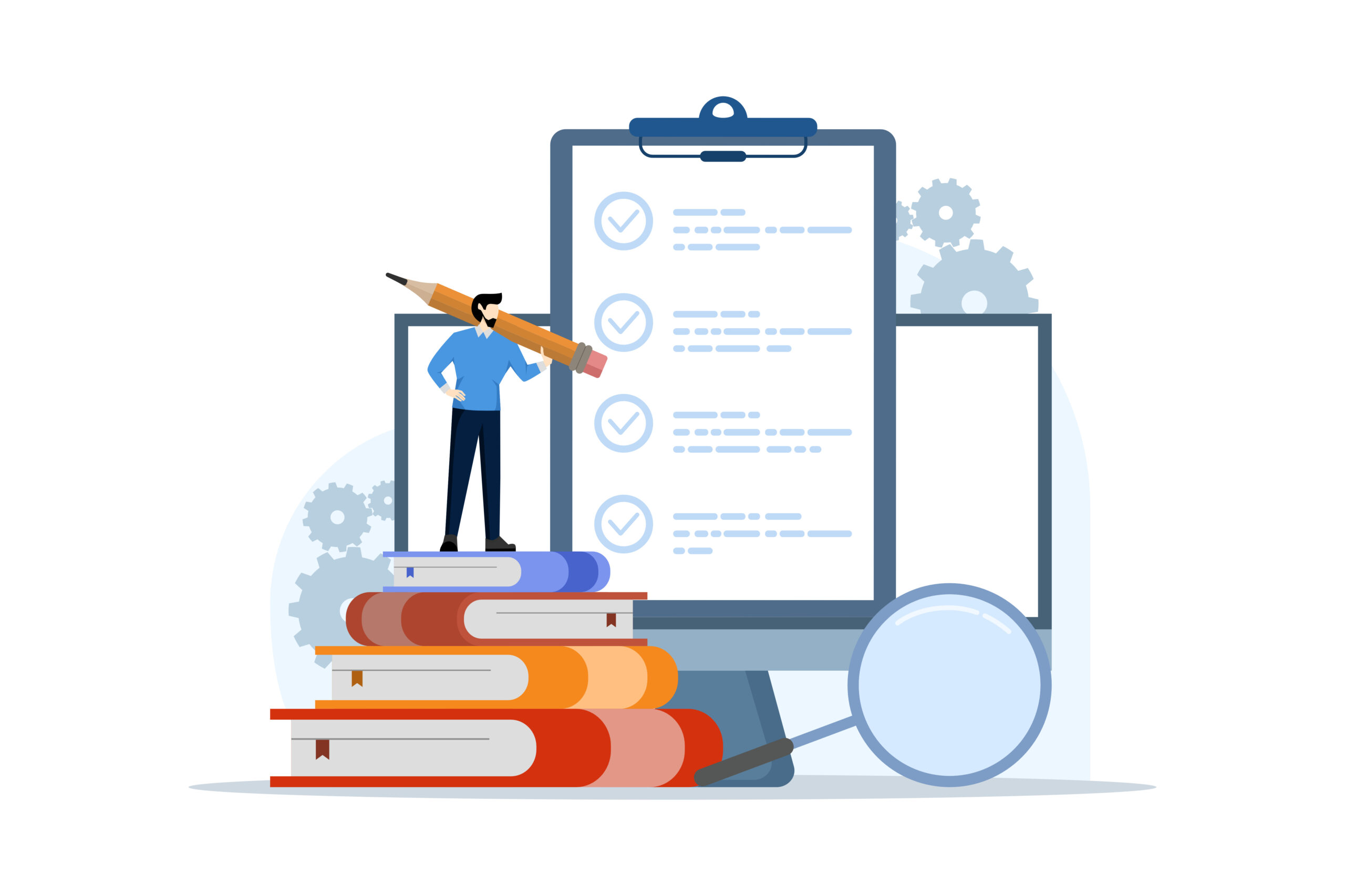A man stands atop a stack of books next to a computer screen, symbolizing knowledge and technology.