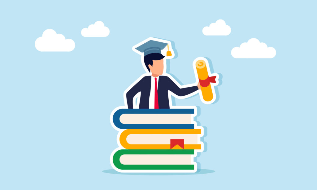 Businessman in graduation cap behind a stack of books holding a diploma or graduation document illustration of graduation or obtaining a bachelors masters or doctoral degree › Antioch University