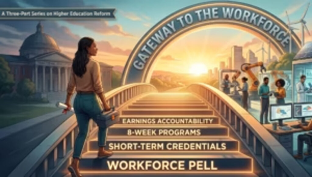 A person climbs glowing steps toward a sunrise arch that says 'Gateway to the Workforce,' with program names shown on the steps (e.g., Workforce Pell).