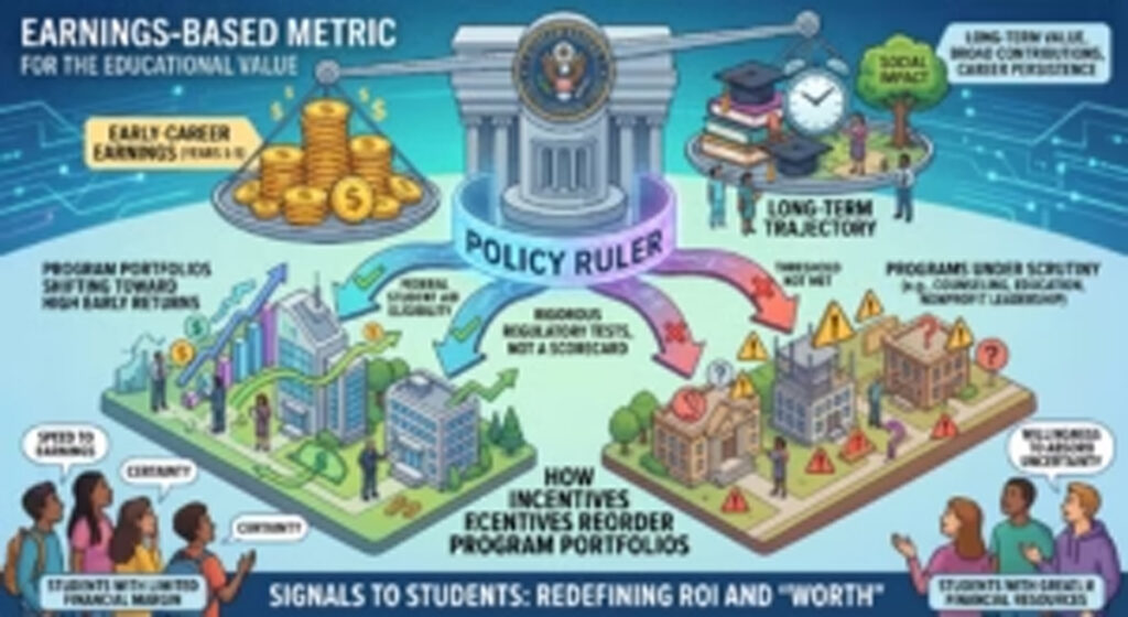 Infographic illustrating an earnings-based educational value policy model, showing how federal accountability metrics tied to graduate earnings could influence college program offerings, student decision-making, and perceptions of return on investment in higher education.