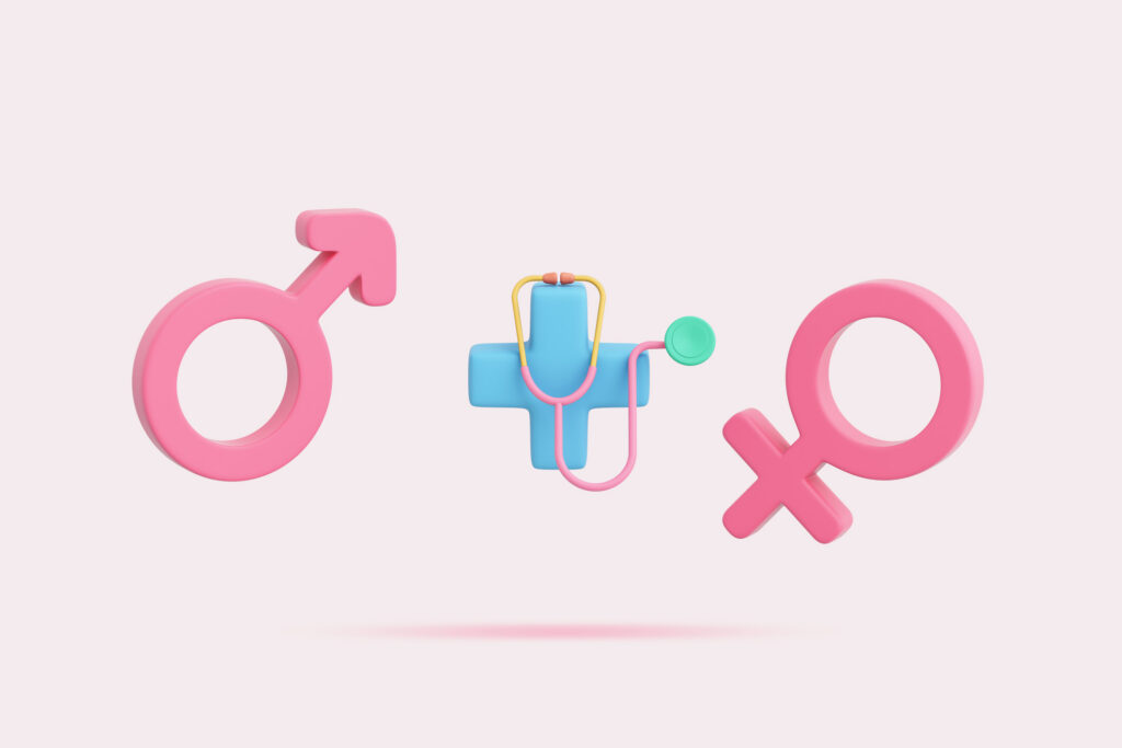 3D female male symbol sex gender with plus symbol stethoscope pink blue pastel health check impotence or sexual dysfunction consult a doctor and disease treatment clipping path 3D Illustration | Antioch University Pink male and female gender symbols flank a blue medical cross with a stethoscope, illustrating gender and healthcare.