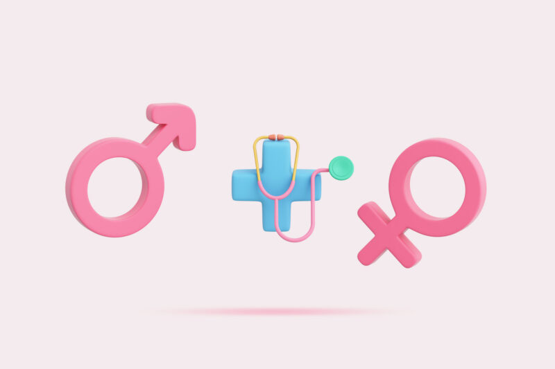 Pink male and female gender symbols flank a blue medical cross with a stethoscope, illustrating gender and healthcare.