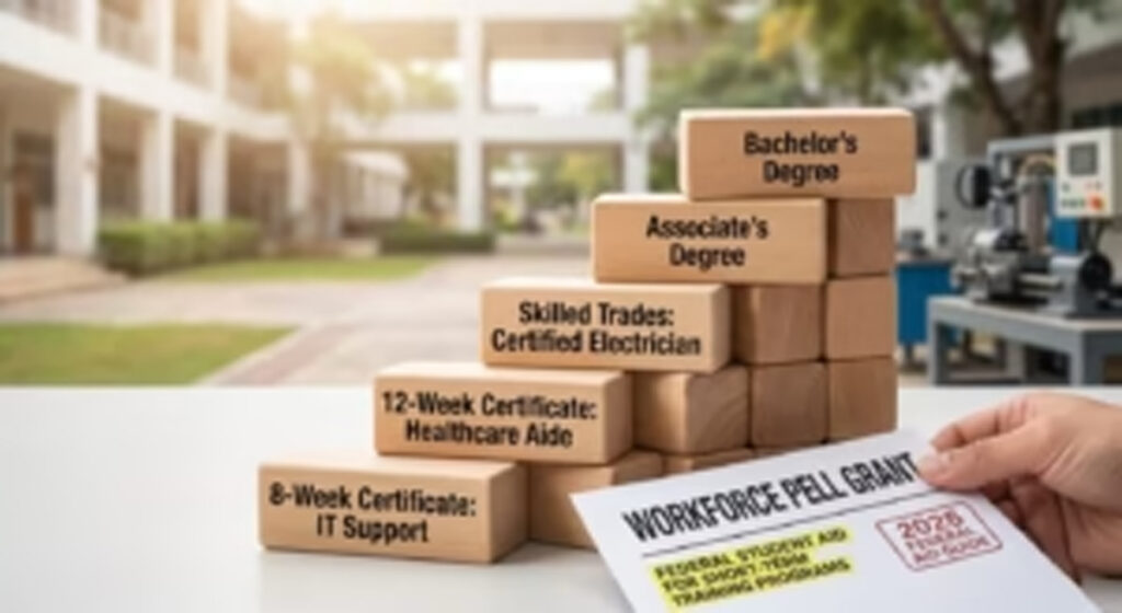 Stacked wooden blocks labeled with different education and workforce pathways, ranging from short-term IT and healthcare certificates to skilled trades, associate’s degrees, and bachelor’s degrees, alongside a document labeled “Workforce Pell Grant.”