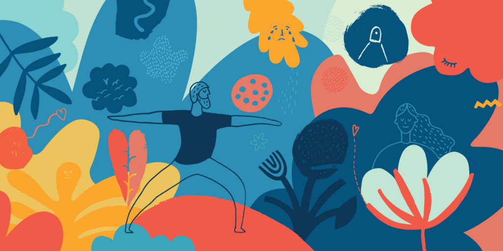 Mindfulness Present Moment Concept | Antioch University Abstract illustration with bold blue, orange, and teal shapes; a central figure stands with arms outstretched amid others and plant motifs.