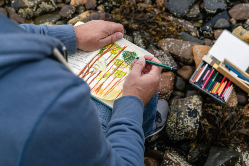 Person sketching a colorful forest scene in a notebook on a rocky beach, with colored pencils nearby
