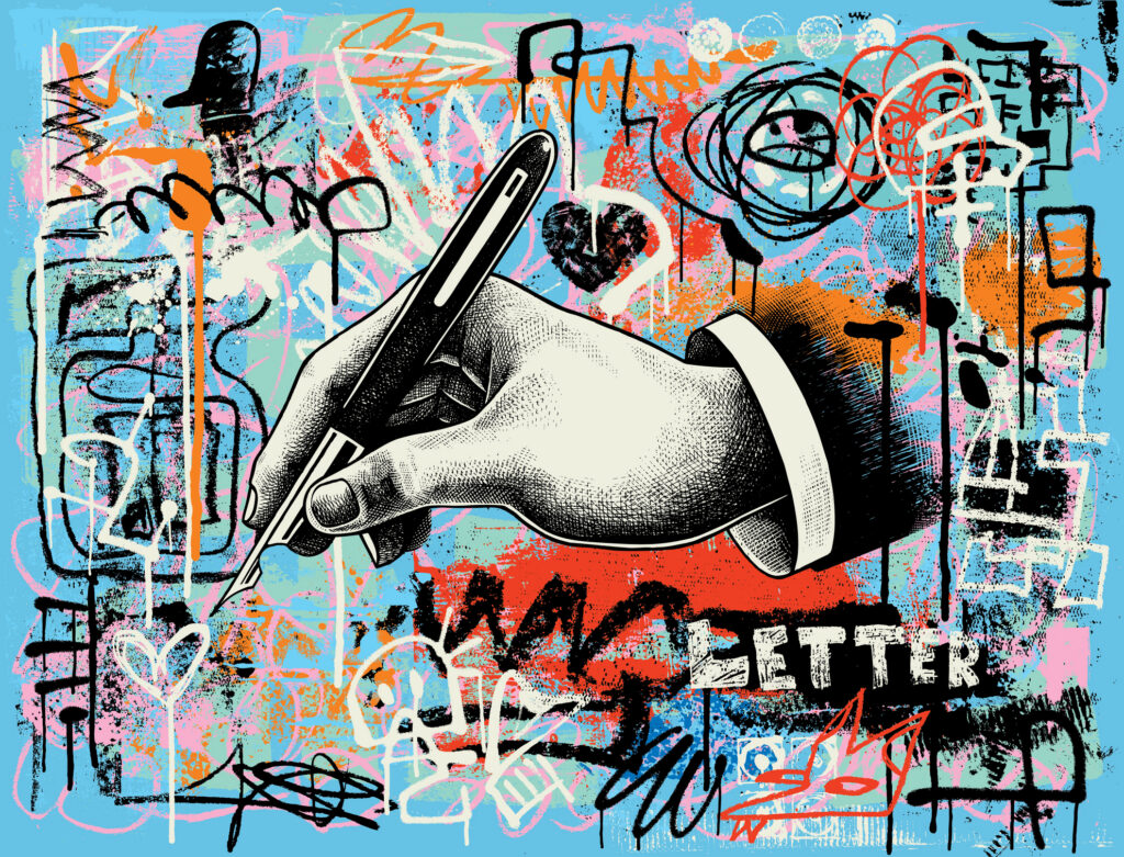 Writing hand | Antioch University Close-up of a hand holding a marker against a colorful, chaotic graffiti backdrop.