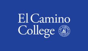 El Camino College logo in white on blue background, with circular seal beside the text.
