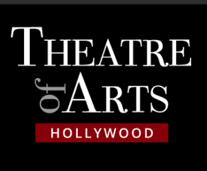 Theatre of the Arts Hollywood logo on a black background, featuring white stacked text and a red HOLLYWOOD bar.