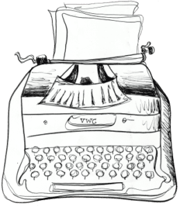 Sketch of a vintage typewriter with a sheet of paper loaded on top, drawn in black and white.