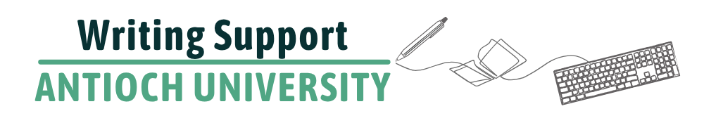 Banner for Writing Support at Antioch University with a pen, notebook, and keyboard illustration