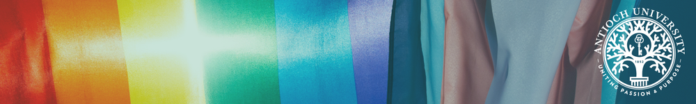 Queer Studies Liberal Studies Header Antioch University Rainbow fabric banner fading into a circular Antioch University seal on the right signaling diversity and inclusion at the university